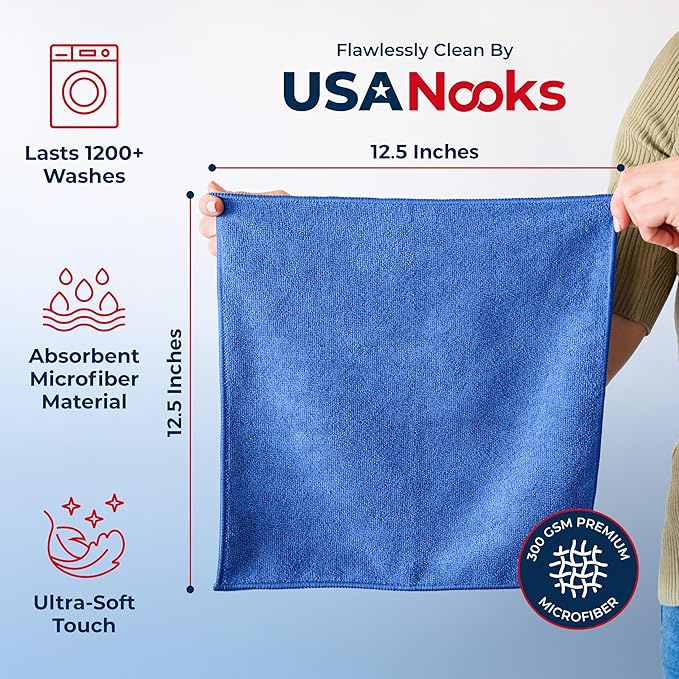 Premium 300GSM Microfiber Cleaning Cloth - 12.5"x12.5" High Performance - 1200 Washes, Ultra Absorbent Microfiber Towels for Cars Undercarriage, Rims & Engine Bay Cleaning - Microfiber Cloth