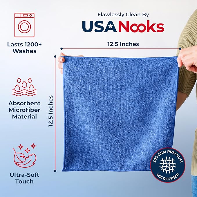 Premium 300GSM Microfiber Cleaning Cloth - 12.5"x12.5" High Performance - 1200 Washes, Ultra Absorbent Microfiber Towels for Cars Undercarriage, Rims & Engine Bay Cleaning - Microfiber Cloth