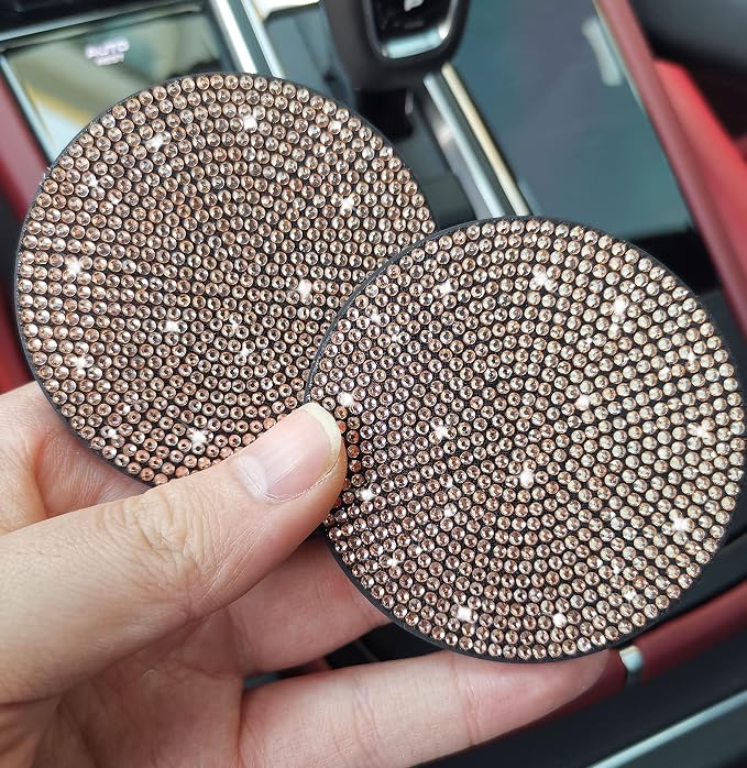 2pcs Bling Car Cup Holder Coaster, 2.75 inch Anti-Slip Shockproof Universal Fashion Car Coasters Insert Bling Crystal Rhinestone Automotive Interior Accessories for Women (2 pcs, Champagne)