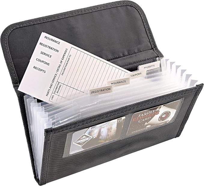 Glove Box Organizer - Insurance and Registration Holder for Car Documents and Paperwork - Expandable Front Seat Organizer with Card Pockets