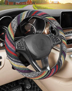 Boho Steering Wheel Cover with Baja Blanket Cloth, Ethnic Style Auto Wheel Cover Made of Coarse Flax, Fits 14 1/2-15 1/4 inches Car Wheel