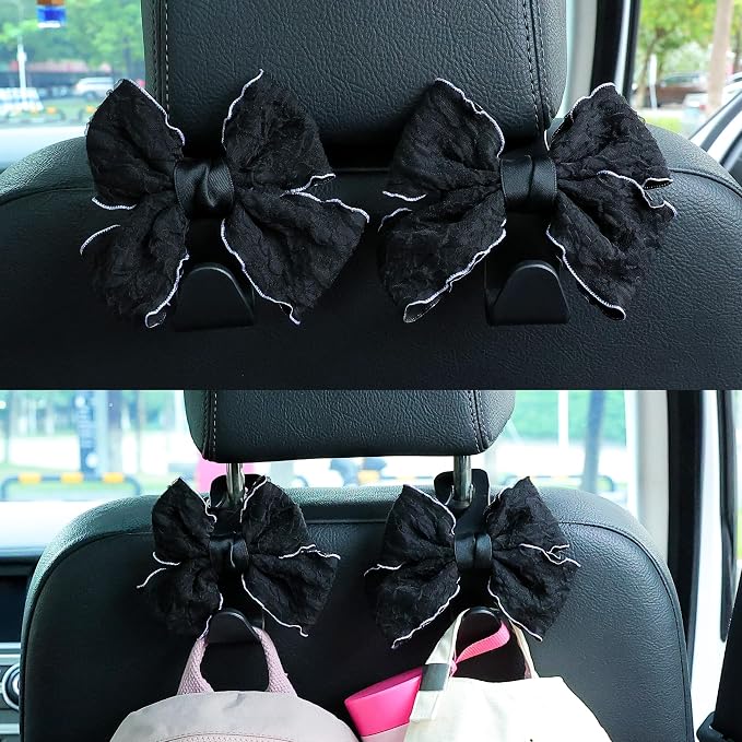 Car Seat Headrest Hook Cute Bowknot Vehicle Hanger Car Storage Organizer for Handbag Purse Coat Grocery Bag Puff Black