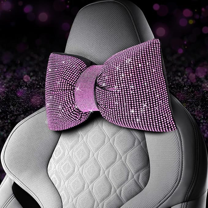 4 PCS Bling Car Pillows,Rhinestones Bowknot Car Headrest Pillow,Car Neck Pillow for Driver Relax Necksupport,Sleeping Travel Support Neck Pillow,Shiny Diamond Interior Accessories for Women,Pink