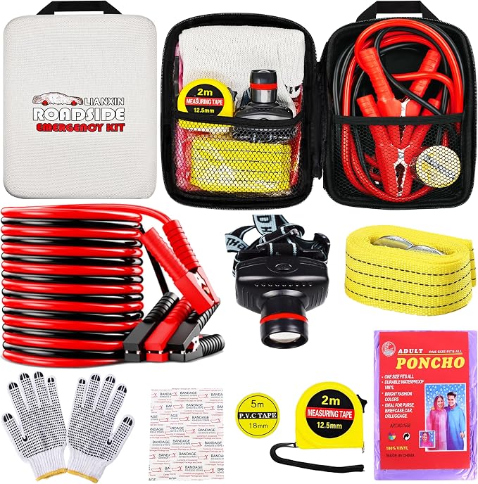 Emergency Car Kit with Jumper Cables Headlamp Car Safety Kits Pale | Roadside Car Emergency Kit Tow Straps, Tape Measure, Rainwear, Multi-tool Kit, Breakdowns Gifts for New Drivers