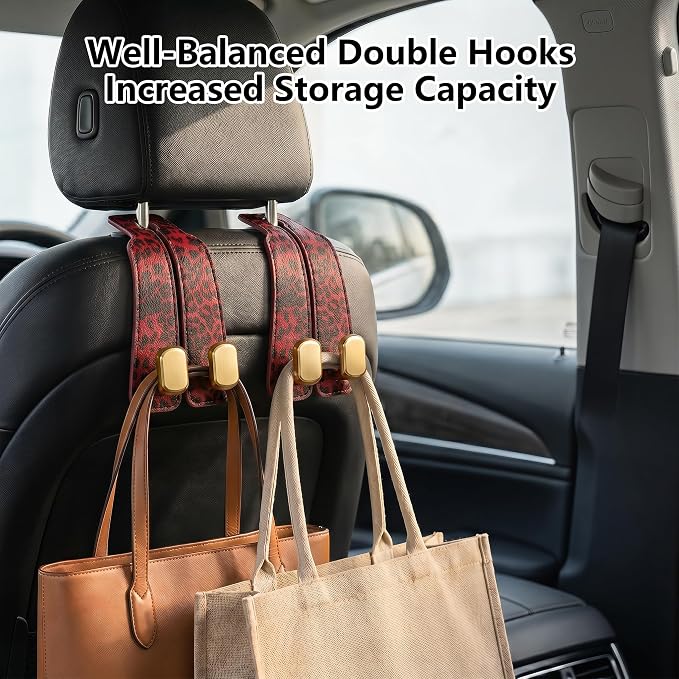 Purse Hook for Car Seat Headrest,Suede Car Purse Hook,Heavy Duty Car Hooks Organizer for Handbags,Grocery Bags & Backpacks,Universal Car Hooks for SUV Truck Interior (Red Leopard Print, Double hook)