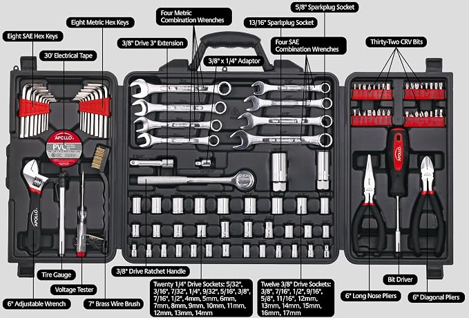 101 Piece Mechanic Tool Set for Roadside Emergencies. SAE and Metric for Mechanical Repairs for Boating, RV, Bikes, in Compact Carrying Case - Red - DT0006