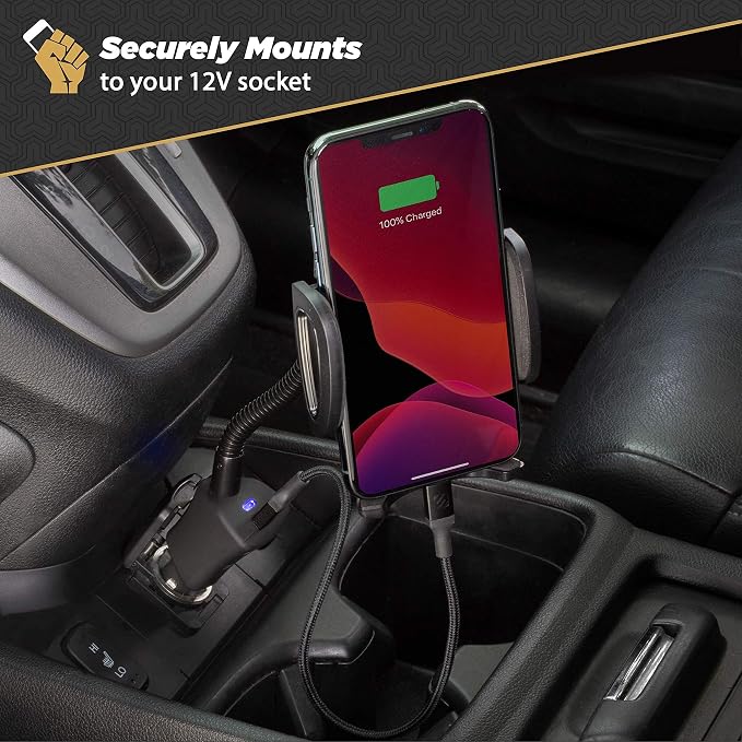 Universal 12V Car Phone Mount with USB Charger, Phone Holder with Cigarette Lighter Adapter for 12V Socket Plug-In, Flexible Gooseneck, Adjustable Cradle for iPhone & Android Cell Phones