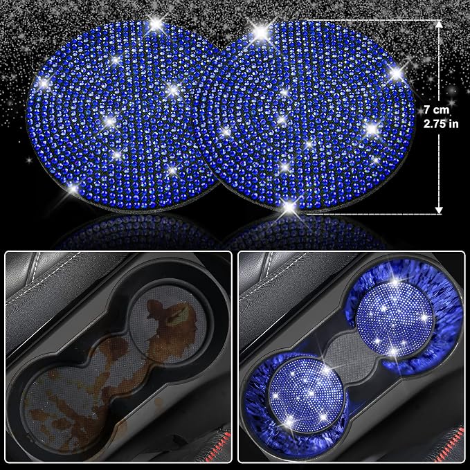 11 PCS Bling Diamond Car Accessories for Women, Sparkly Rhinestone Steering Wheel Cover, Bling Seat Belt Cushion, Glitter Shift Knob Cover, Car Cup Holder Coaster, Cute Interior Sets Blue