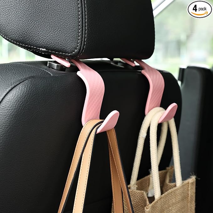 Car Seat Headrest Hook Universal Vehicle Seat Hook Hangers Interior Storage Organizer for Purse Handbag Coats Umbrellas Grocery Bags 4 Pack Pink