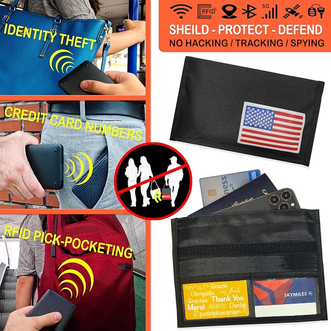 USA Flag Faraday Bag for Phones & Key Fobs – RFID Shielding Privacy Pouch for Electronic Device Storage, Patriotic American Flag Design Faraday Sleeve