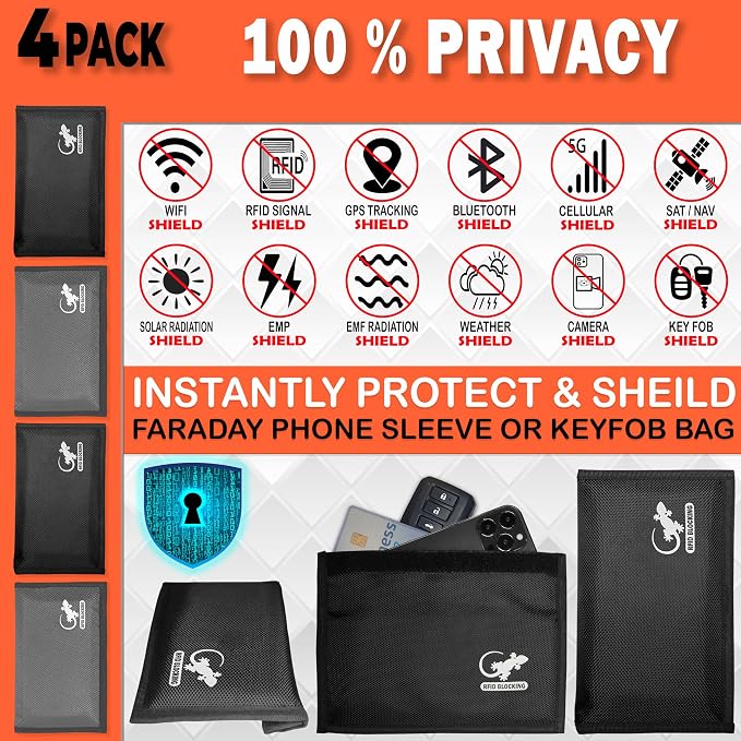 4 Faraday Bag Anti-Tracking GPS RFID Car Key Signal Blocker Wallet Shielding Pouch Protective Case for Cell Phone Car Key FOB, Data Privacy, Electronic Device Security (4 PACK - BLACK AND GRAY)