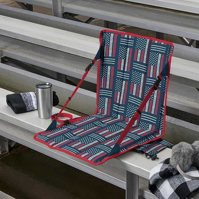 Heated Stadium Seat, Foldable, Lightweight with Carrying Strap, Foam Cushion for Comfort, Adjustable, Back Support, Multi-Functional Use As Stadium Seat or Seat Pad, Patriotic/Red