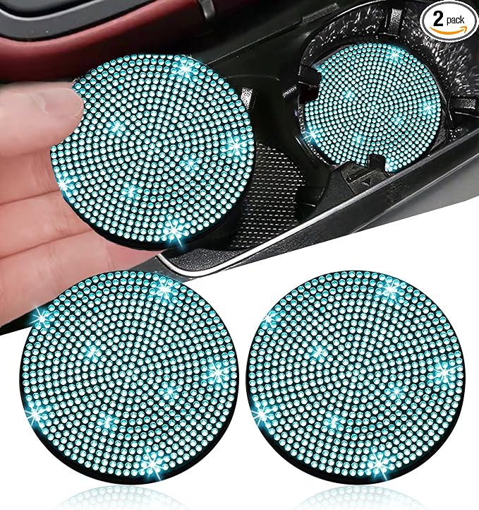 2pcs Bling Car Cup Holder Coaster, 2.75 inch Anti-Slip Shockproof Universal Fashion Car Coasters Insert Bling Crystal Rhinestone Automotive Interior Accessories for Women (2 pcs, Aquamrine)