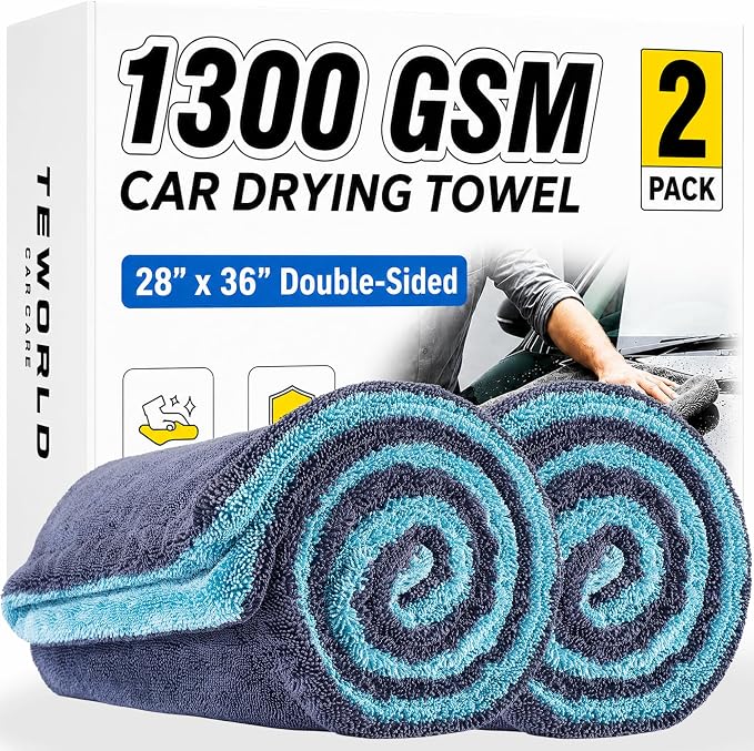 2-Pack Car Drying Towels, Large 36 x 28 Inch, 1300 GSM, Dual-Color | Twisted Loop Microfiber Towel for Cars - Absorbent Car Dry Towel and Car Wash Towel for Streak-Free, Paint-Safe Car Detailing
