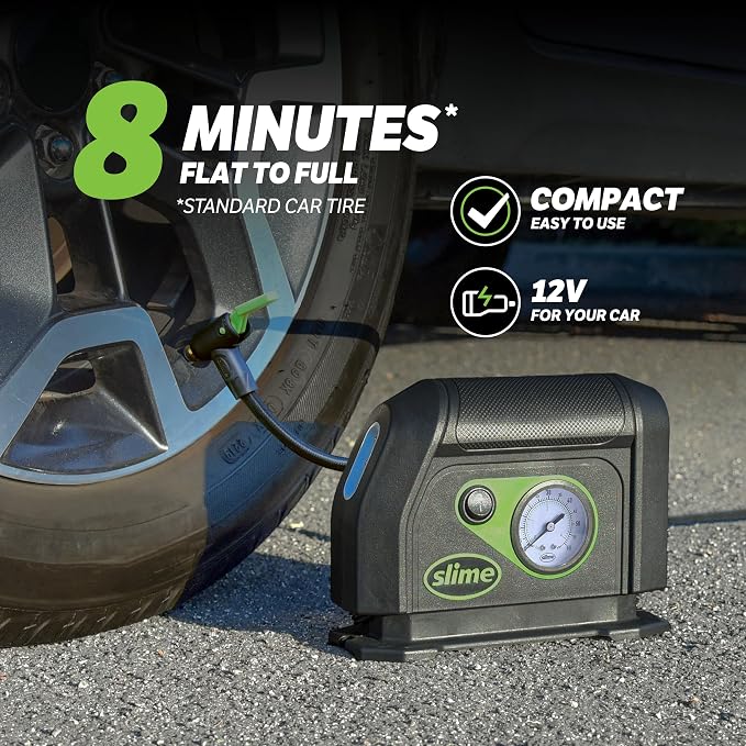 40050 Tire Inflator, Portable Car Air Compressor, with Analog 100 psi Dial Gauge, Long Hose and LED Light, 12V, 8 min Inflation