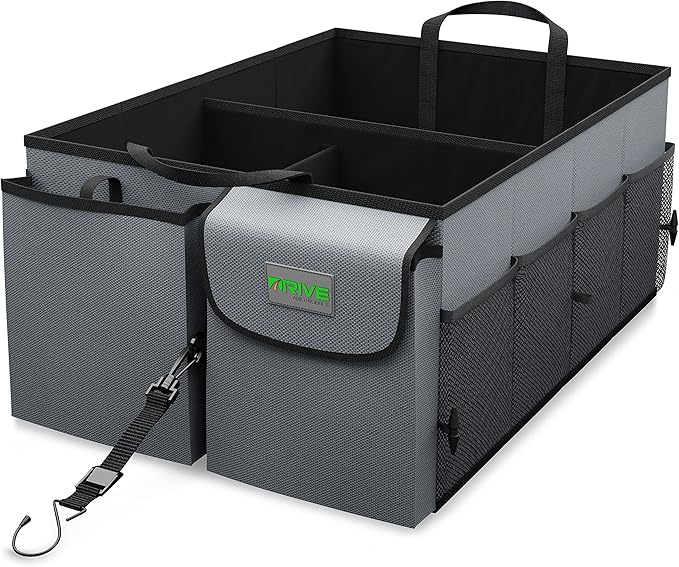 Car Trunk Organizer - Collapsible, Multi-Compartment Automotive SUV Car Organizer for Storage w/Adjustable Straps - Truck & Car Accessories for Women and Men - Grey