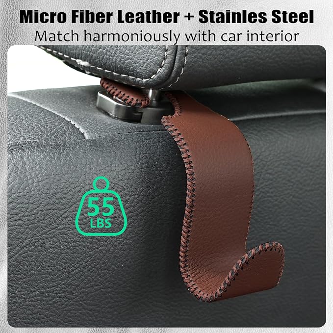 Car Seat Headrest Hook Universal Vehicle Storage Hanger Leather with Metal Car Seat Back Organizer for Handbag Purse Coat Brown 2 Pack