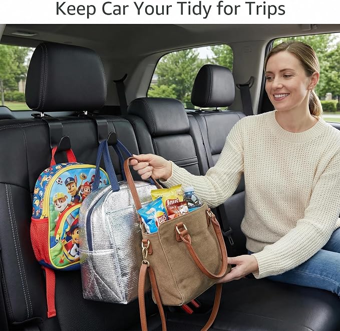 Car Headrest Hooks – 4-Pack Black, 13 lbs Capacity | Hang purses, coats, umbrellas & grocery bags. Universal fit for most headrests. ABS design keeps car tidy & clutter‑free.