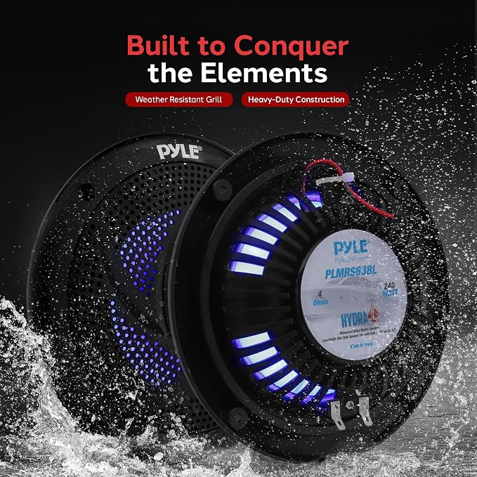 Pyle Waterproof Marine Speakers, 6.5 Inch Low-Profile Slim Mount 240 Watt Speaker Pair with Built-in Blue LED Lights, Weather-Resistant, ABS Grille, Ideal Waterproof Speaker for Boats & Powersports