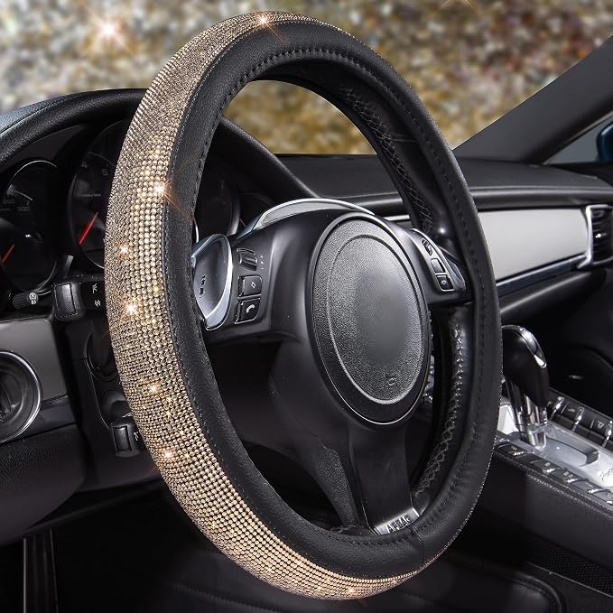 Bling Champagne Diamond Steering Wheel Cover, Black Leather Universal Fit 14.5-15inch Glitter Rhinestones for Women Sparkle Crystal Girly Shining for SUV,Vans,Sedan,Car,Truck, Black Champagne