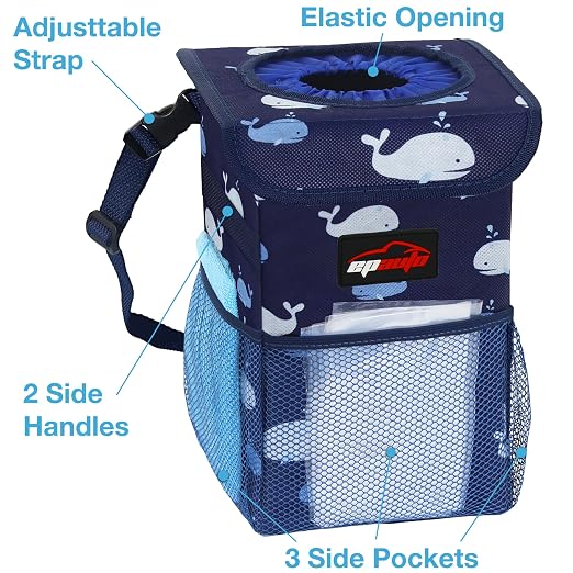 Waterproof Car Trash Can with Lid and Pockets, 1.8 Gal, Blue | Leakproof, Collapsible Multipurpose Car Bin with 3 Side Storage Pockets, Adjustable Straps