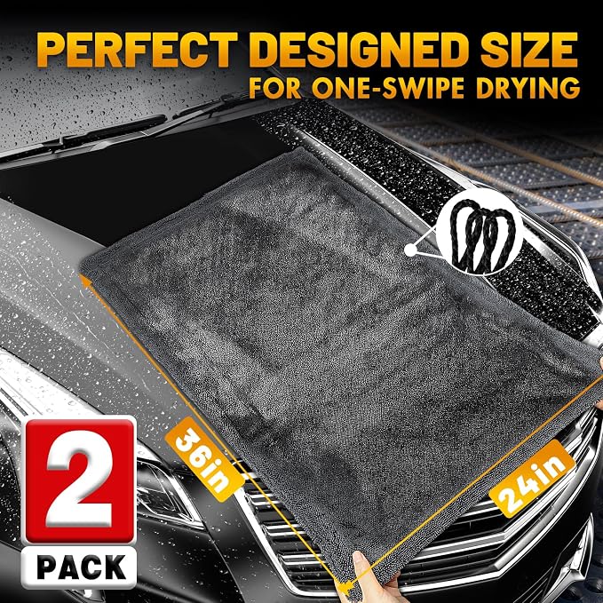 Microfiber Towels for Cars, 2 Pack 1200GSM Car Drying Towel(24″x 36″), Dual Sided Drying Towels Car Detailing, Ultra Absorbent Car Cleaning Towel, No Streak, No Scratch, No Water Spots