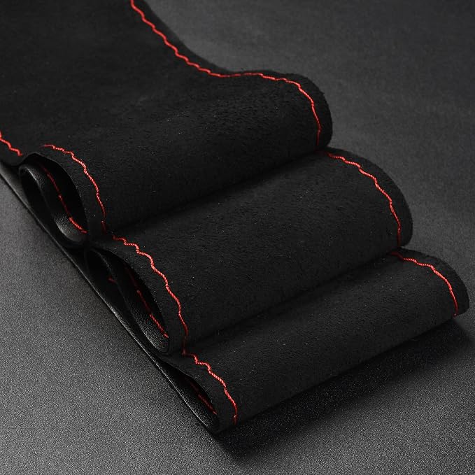 Steering Wheel Cover with Top Layer Genuine Leather and Anti-Slip Design, Soft Padding, Breathable, Universal 15 Inch Stitch on Wrap