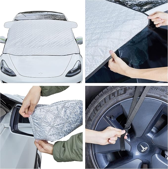MAXORION Custom Fit Windshield Snow Cover for Tesla Model 3 & Y. Windshield Cover for Ice and Snow Comes with Heavy Duty Ice Scraper & Snow Brush. Tesla Model 3 & y Accessories. 69x55 inc
