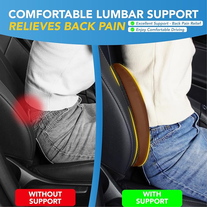 Lumbar Support Pillow for Car, Car Seat Back Support for Driving | Memory Foam Car Lumbar Support for Driving Seat, Car Back Cushion, Adjustable Straps, Lower Back Pillow, PU Leather, Brown