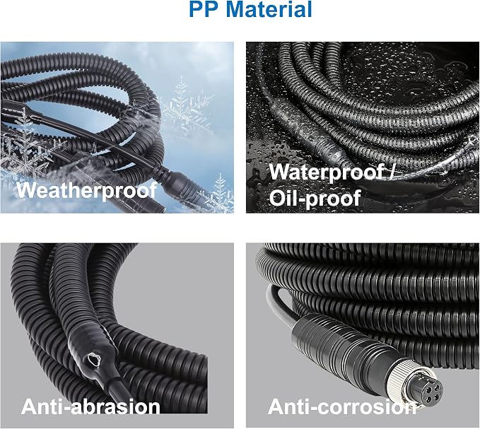 4 Pin Camera Cable with Corrugation Tube Cover, Aviation Extension, Video Cable for Backup Camera Rear View System RV Truck Trailer Bus Car Waterproof (65FT/20M)