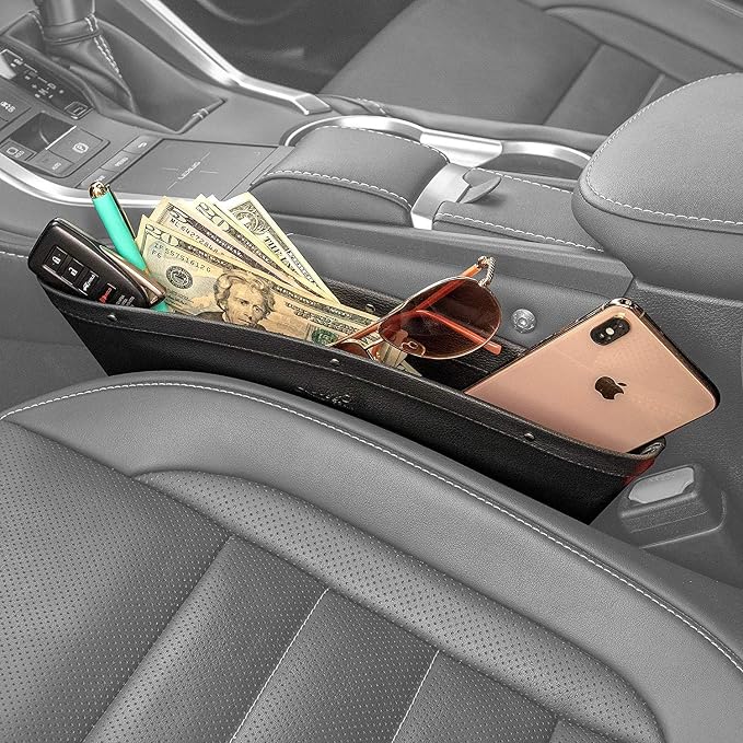Car Seat Gap Organizer - Pack of 2 - Prevents Items Falling & Seat Gap Filler - Universal Fit 0.5"-2" Slots & Automotive Use - Easy Clean Design for Auto Accessories - Gray Faux Leather