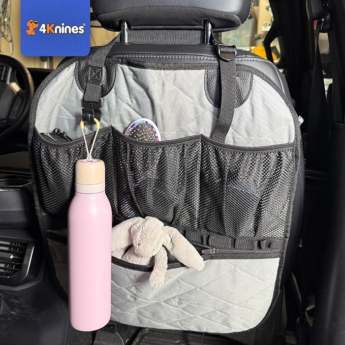 Car Seat Back Organizer – Heavy-Duty Kick Mat w/Mesh Storage Pockets, Bottle Hook – UV-Resistant Hardware – Waterproof Backseat Organizer for Kids & Pets – Fits SUVs, Trucks, Cars – Grey