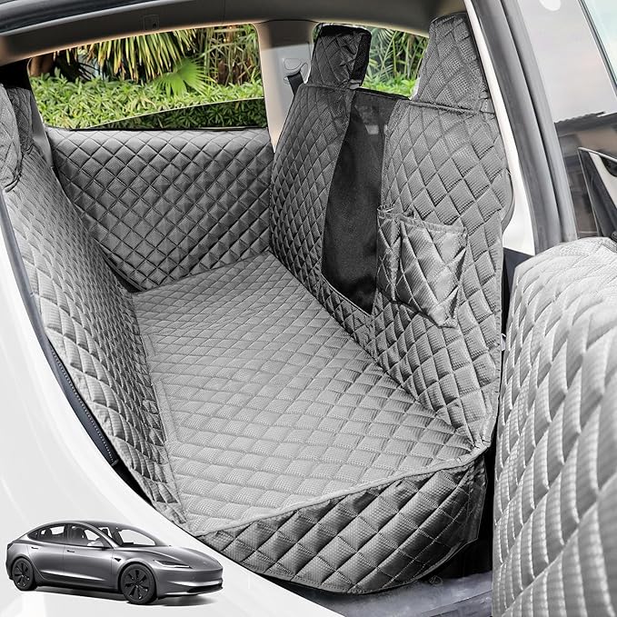 Dog Seat Covers for Tesla Model 3 & Y Back Seat with 2 Pack Door Protectors, 100% Waterproof Dog Hammock for Tesla with Mesh Window & Headrest Protection Prevents Scratches and Scuffs (Gray)
