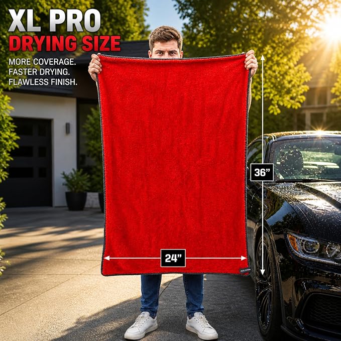 Car Drying Towel 24”x36”, 1400 GSM Twisted Loop Microfiber, Ultra Absorbent, Streak-Free, Lint-Free, Scratch-Free for Car, Truck & SUV, Quick Drying in Fewer Passes (Red)
