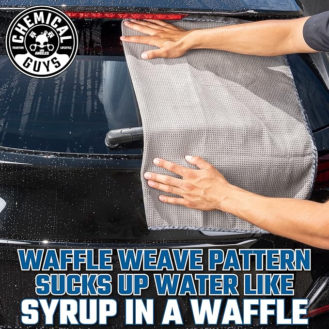 Waffle Weave Gray Matter Microfiber Drying Towel - 25" x 36", Premium Blend Microfiber Towel with Soft-Banded Edging for Scratch-Free Car Drying, Ultra Absorbent