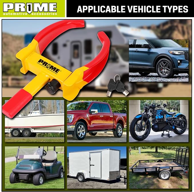 PR1ME Heavy Duty Wheel Lock Clamp with 2 Keys, Universal Anti Theft Trailer Wheel Lock for Cars SUV RV ATV Motorcycles &Golf Cart,High-Strength Carbon Steel with Soft PVC Coating,Fits 7" to 10.6" Tire