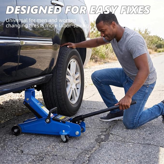 2 Ton Low Profile Floor Jack, 4000 lbs, with Tire Kit, Gloves & Bag – Blue | Steel jack, 4000 lbs, 5.3"-13" lift. Overload valve. Sealed cylinder. Tire kit and bag. For DIYers & mechanics, cars & SUVs.