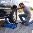 2 Ton Low Profile Floor Jack, 4000 lbs, with Tire Kit, Gloves & Bag – Blue | Steel jack, 4000 lbs, 5.3"-13" lift. Overload valve. Sealed cylinder. Tire kit and bag. For DIYers & mechanics, cars & SUVs.