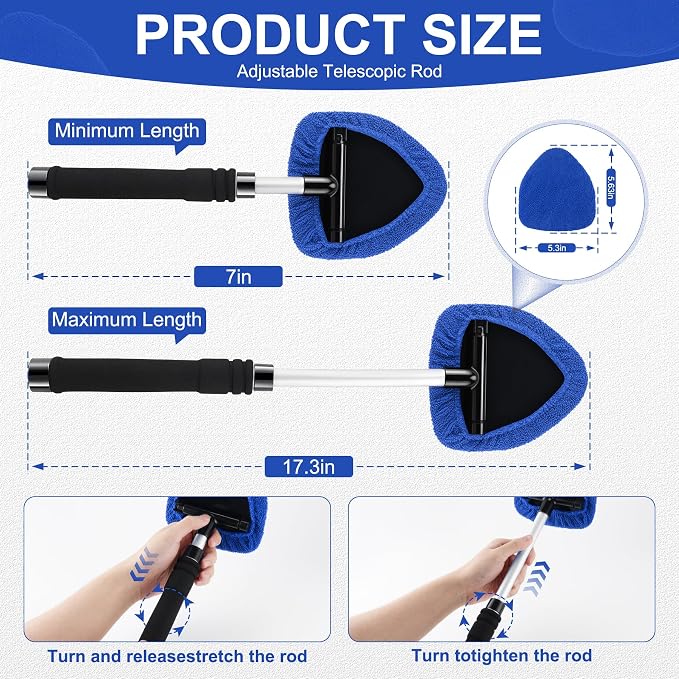 Windshield Cleaner Tool, Car Interior&Exterior Window Cleaning Tool with Extendable Handle & 4 Reusable Microfiber Pads, Auto Glass Wiper Brush Kit for Cars (Blue)
