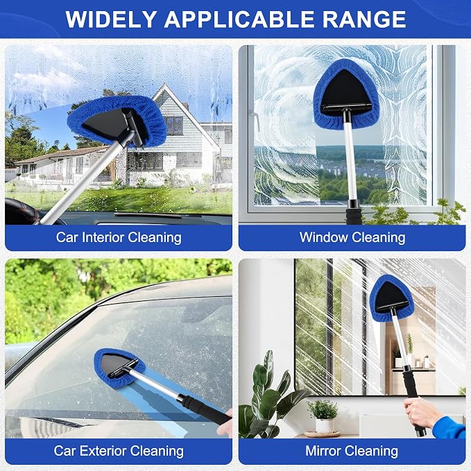 Windshield Cleaner Tool, Car Interior&Exterior Window Cleaning Tool with Extendable Handle & 4 Reusable Microfiber Pads, Auto Glass Wiper Brush Kit for Cars (Blue)