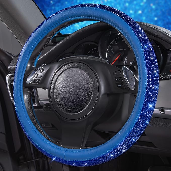 Bling Diamond Leather Steering Wheel Cover, with Bling Sparkly Crystal Glitter Rhinestones Universal Fit 14" 1/2-15" Car Wheel Protect for Women Girl Fit Suvs,Vans,Sedans,Cars,Trucks, Blue
