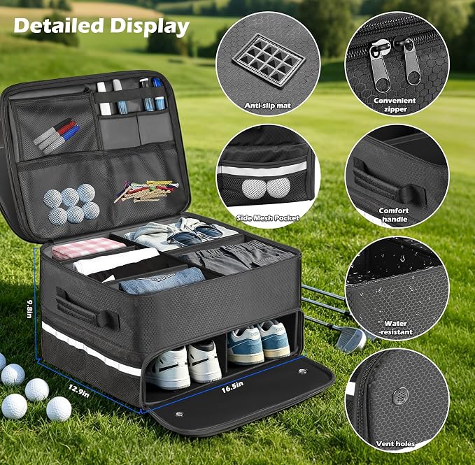 for Golf Trunk Organizer, Car Trunk Locker with Separate Ventilated, Multi-Compartment fits 2 Pairs of Shoes, Storage for Balls, Tees, Cap, Clothes, Gloves, Gifts for Golfers