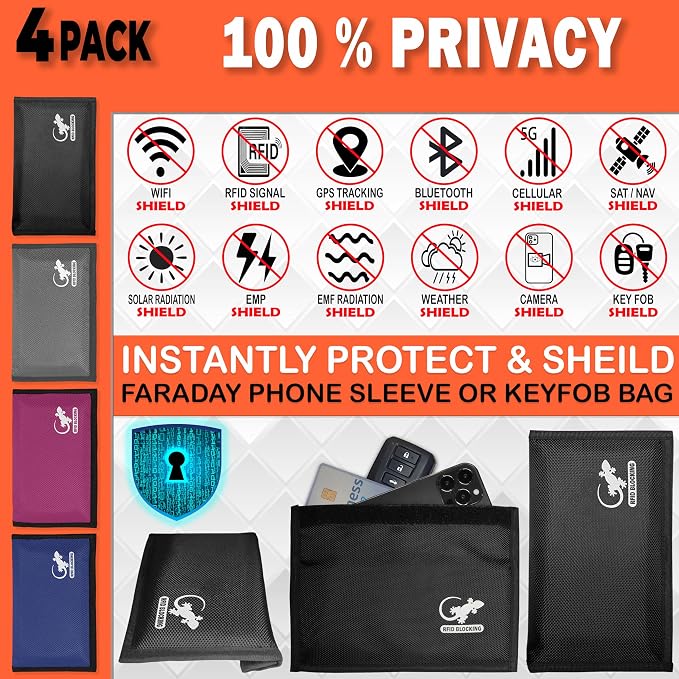 4 Faraday Bag Anti-Tracking GPS RFID Car Key Signal Blocker Wallet Shielding Pouch Protective Case for Cell Phone Car Key FOB, Data Privacy, Electronic Device Security (4 PACK - FAMILY PACK)