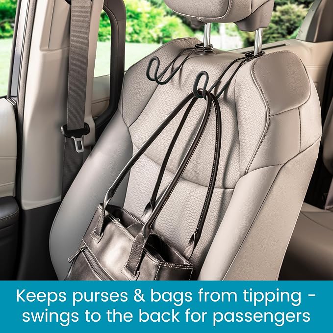 Car Hooks for Purses and Bags with Leather Trim - Unbreakable Car Seat Hooks for Large Purse Straps and Heavy Bags up to 40 lbs - Secure Attachment Loops Fit All Headrest Posts, 2-Pack