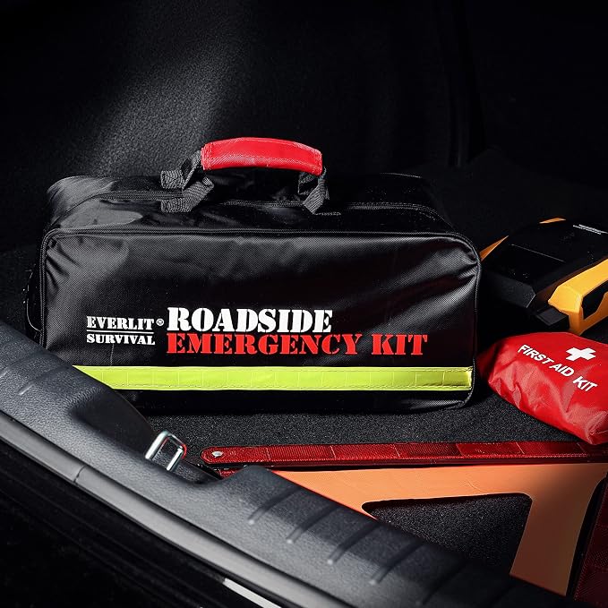 Car Emergency Kit, Roadside Safety Tool Kit with Gloves,Digital Auto Air Compressor Tire Inflator, First Aid Kit, 12 Feet Jumper Cable, Tow Strap, Flashlight for Women, Men, Teenagers