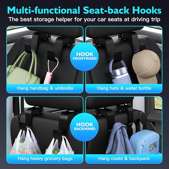 Car Seat Hooks Anti-Drop Headrest Storage Hanger Universal Fit Automotive Organizer for Purse Bag Coat Black 2 Pack