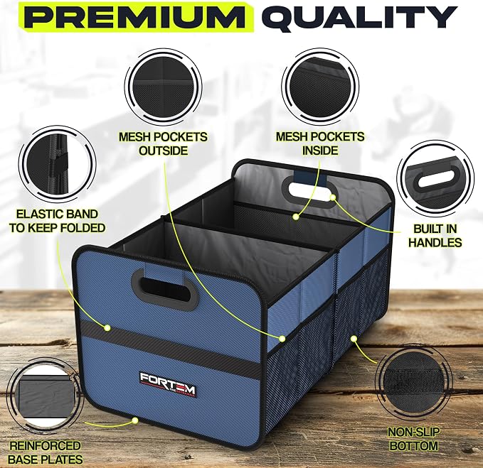Car Trunk Organizer, Collapsible Two Compartment Organizer, Foldable SUV & Truck Storage for Car Accessories for Women Men, Non Slip Bottom, Sturdy Side Walls, Strong Handles, 45L