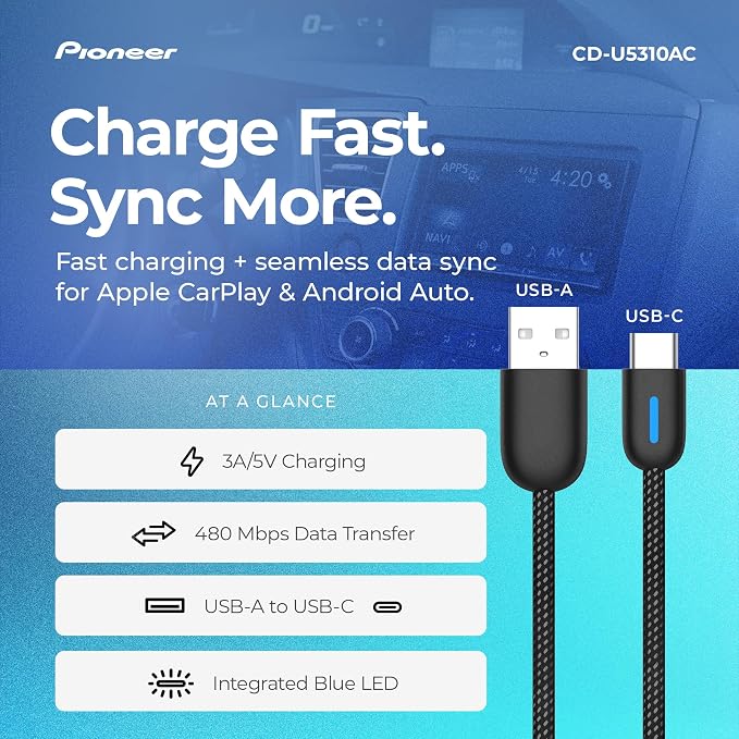 3.25 FT USB A to USB C Cable for CarPlay & Fast Charging Phone Charger Cord– Durable Braided Nylon Car Charger Cord Type C with Blue LED for iPhone, Android, Wired Apple CarPlay & Android Auto