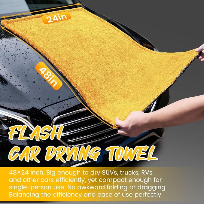 PUGPIU 1400GSM Extra Large Microfiber Car Drying Towel Detailing 48"X24" | Flash Detail Car Wash Drying Towel Edgeless with Two Sided Soft Twisted-Loop, No Water Spots Streaks for Auto Car (Yellow)
