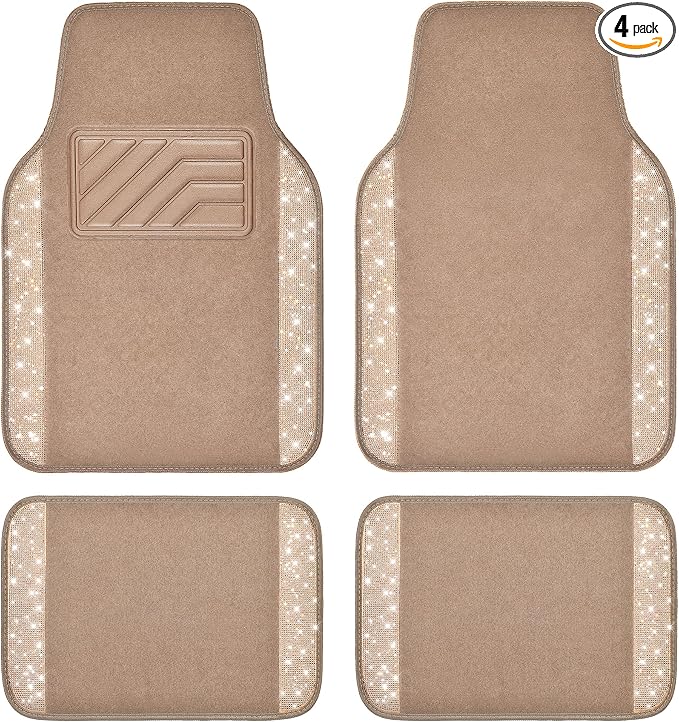 Bling Car Mats Shining Diamond Carpet Crystal Rhinestones Sparkly Glitter Floor Mats with Anti-Slip PVC Heel Pad Universal Fit for Automotive SUV, Sedan, Car, Van, 4pcs for Girl Women, Beige